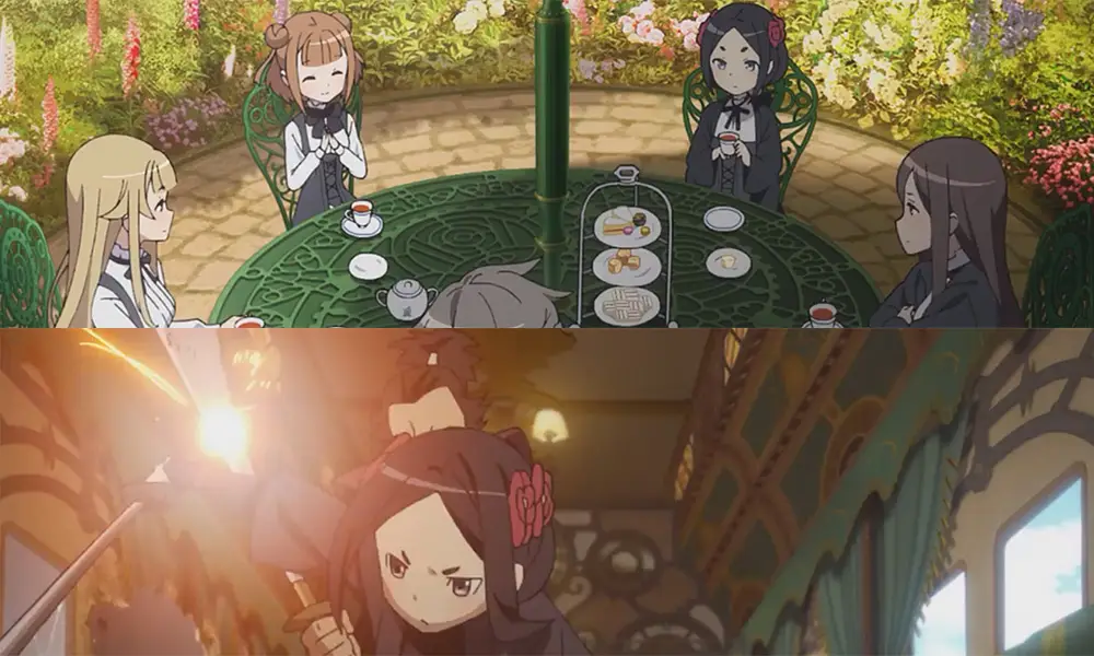 Screenshot da Princess Principal, sopra una riunione tra le protagoniste mentre bevono il tè, sotto vediamo Chise in combattimento con Jubei