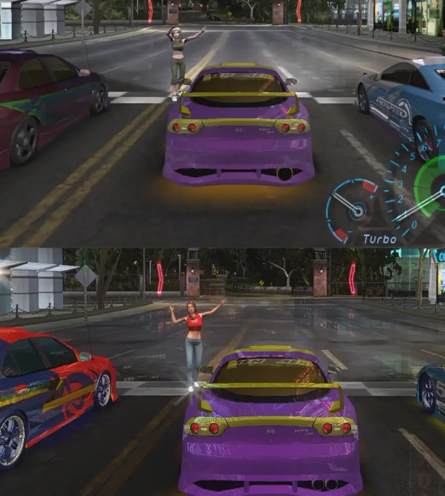 Comparazione tra il gioco originale (sopra) e modificato (sotto). Si nota la differenza nei dettagli delle auto, delle persone e della città.