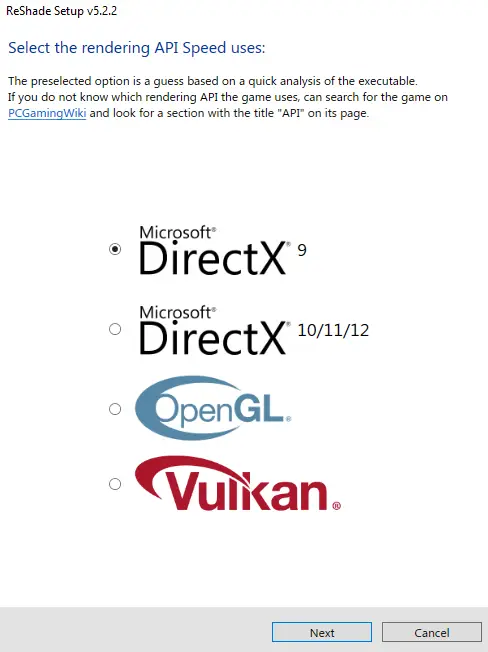 Reshade is selected on the DirectX 9