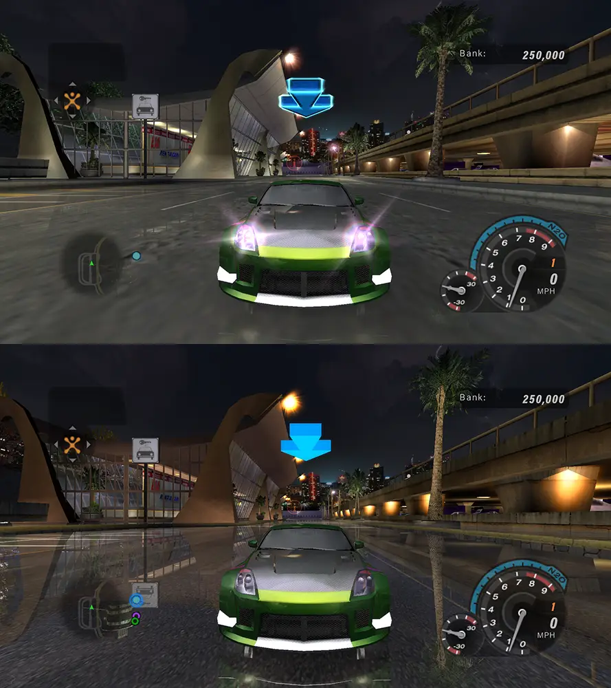 Comparazione tra il gioco originale (sopra) e modificato (sotto). Vi sono differenze nei dettagli dell'auto e della città.