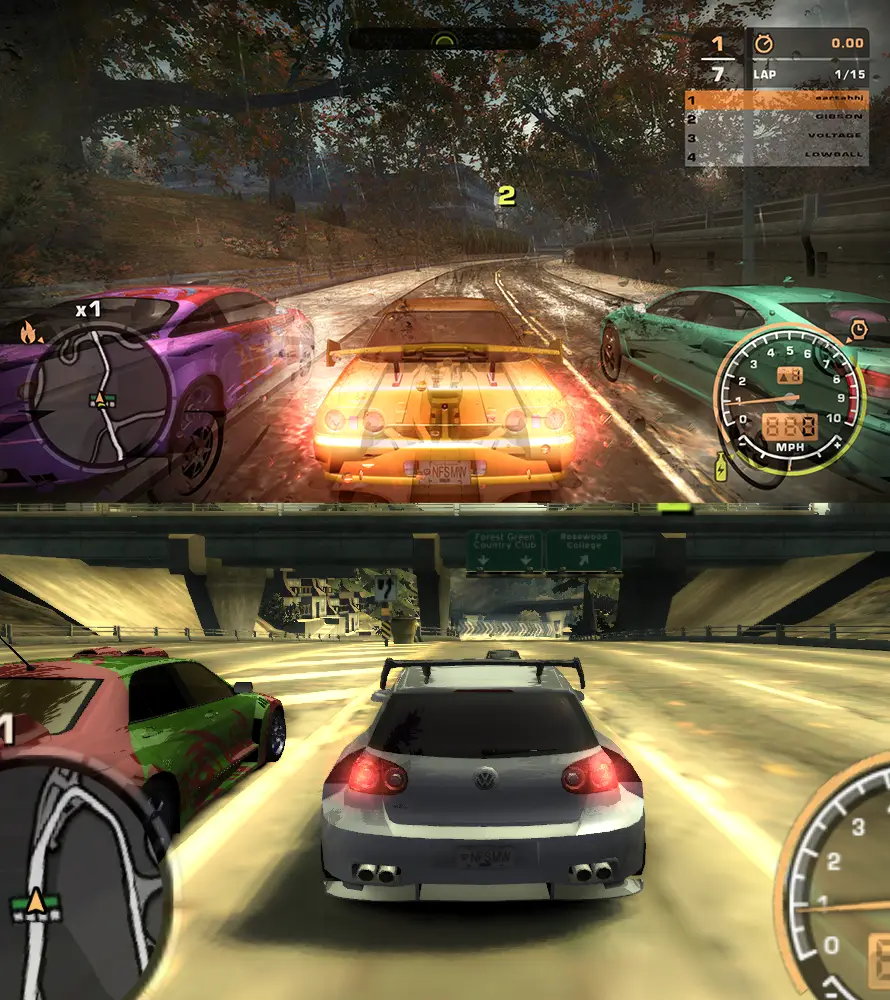 Comparing the original game (up) with the modified one (down). There are differences in the details of the cars and the city