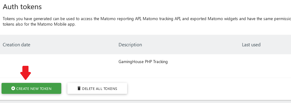 Creare un nuovo Auth Token su Matomo