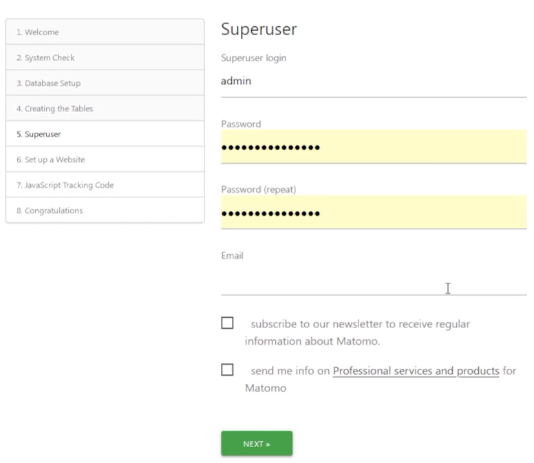 Fifth step: Configuring the Super User