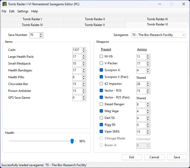 Tomb Raider Remastered Savegame Editor